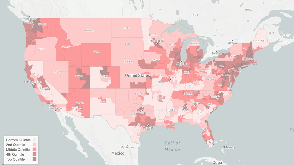 Map of the United States showing social security coverage by congressional district.