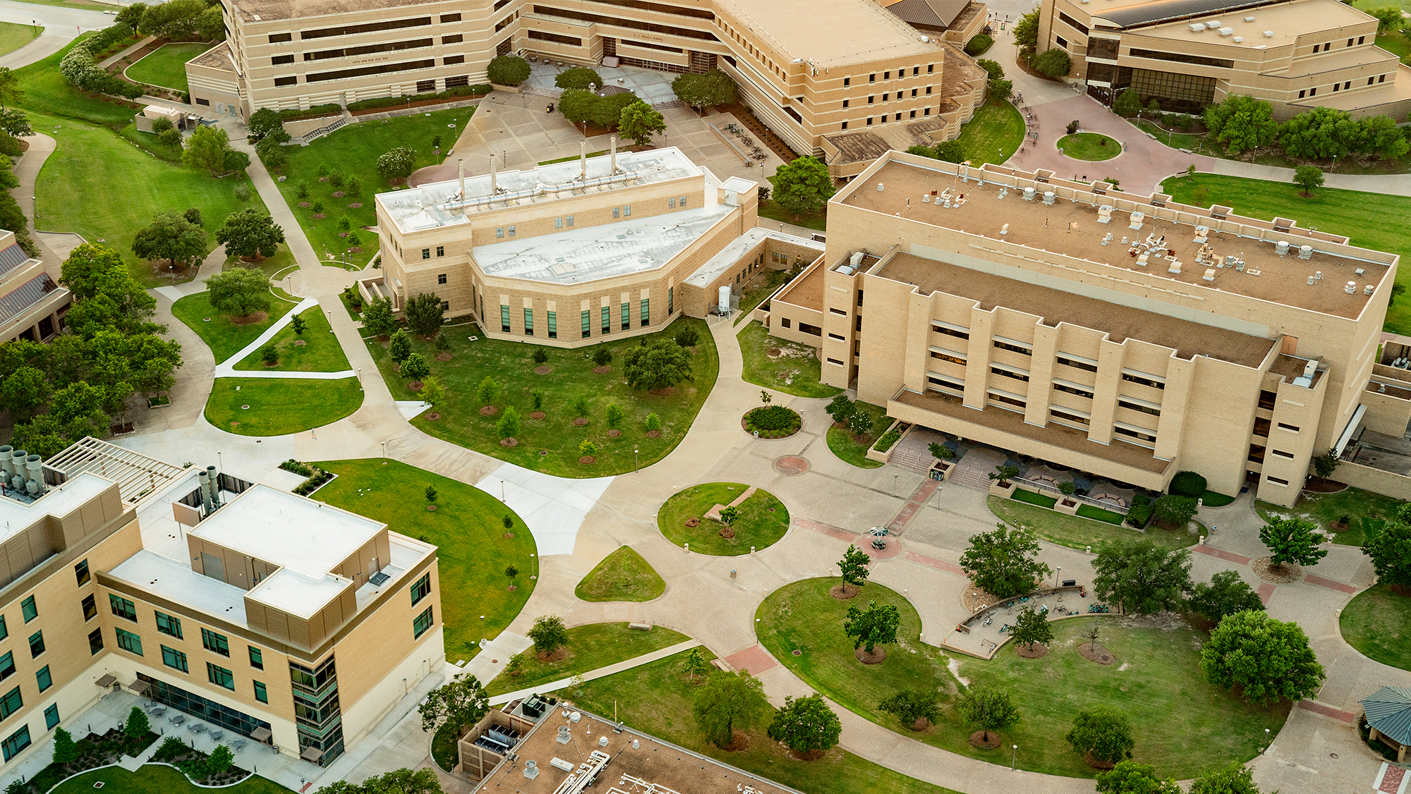 west campus of Texas A&M University, a couple buildings and sidewalks